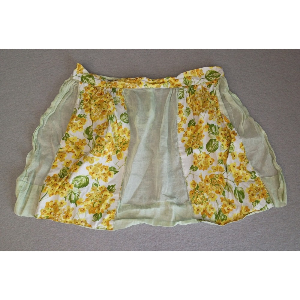 Vintage‎ Hostess Apron Half Waist Flowers Floral Yellow Sheer W/Pockets Cottage
